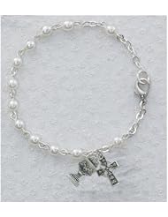 Great for First Communion, 6.5" Rosary Girls Bracelet, 3mm Pearl Beads, Irish Theme, Sterling Silver Celtic Cross & Chalice Charms.