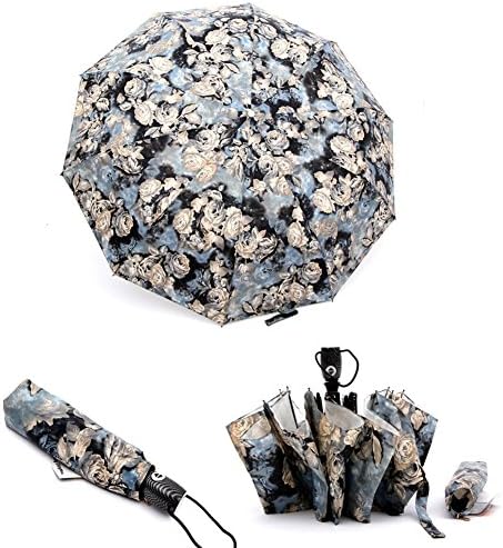 Automatic Open Anti-uv Windproof Compact Folding Umbrella,Womens Peony Oil Painting Pattern Sun Rain Folding Parasol Umbrella