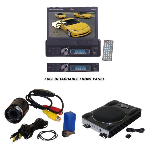 Lanzar Car, Van, Truck DVD Player, Amplified Subwoofer and Pyle Camera Package - SDBT73N 7'' Single Din In-Dash Motorized Touch Screen TFT/LCD Monitor With DVD/CD/MP3/MPEG4/USB/SD/AM/FM/RDS Receiver - VCTBS8 Vector 8'' Ultra Slim 600 Watt High Power Amplified Subwoofer Enclosure - PLCM22IR Flush Mount Rear View Camera w/ 0 Lux Night Vision