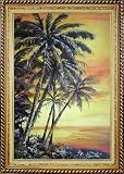 Beach Palm Trees at Golden Sunset Oil Painting, with Linen Liner Gold Wood Frame 42.5 x 30.5 inches