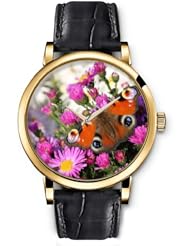 SPRAWL Aanalog Fashion Series Gold Ladies Watches of Genuine Black Leather Strap,Unique Wrist Watch for Women Girls Designed with Butterfly with eyes in pink flowers