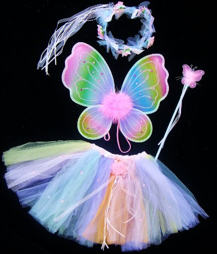 4 Pc Pastel Rainbow Fairy Princess Costume Wings, Wand , Tutu, Halo.