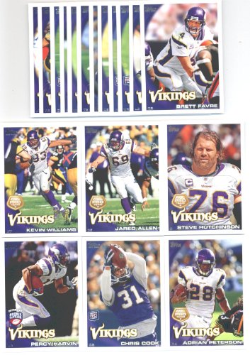 2010 Topps Minnesota Vikings Complete Team Set of 18 cards with bonus 4 Pocket Notebook ! Set Includes Brett Favre, (2) Adrian Peterson, (2) Percy Harvin, Chris Cook Rookie, Everson Griffen Rookie, and more!