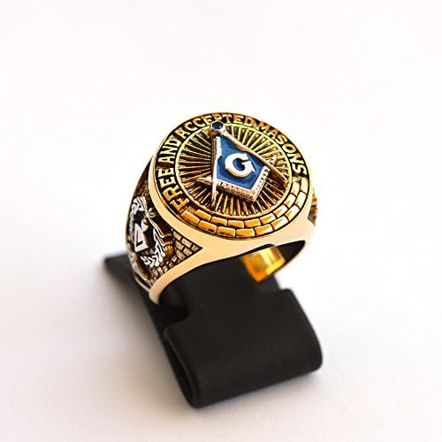 Custom Made Masonic Ring Magnificent Blue Stone AAA Level Free and Accepted Masons White and Yellow 18k Gold Plated 40 Grams Unique Handcrafted Design Highly Collectible (11)