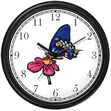 Blue Butterfly on Hot Pink Flower - Butterfly Animal Wall Clock by WatchBuddy Timepieces (Black Frame)