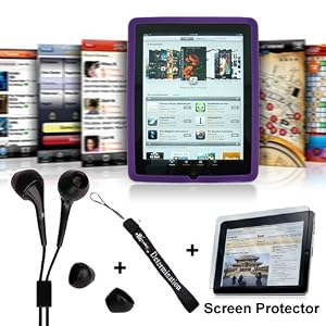 Premium Purple Soft Silicone Gel Skin Cover Case for Apple iPad WiFi / 3G 16GB 32GB 64GB + Includes a 4-inch eBigValue (TM) Determination Hand Strap + Anti-Glare Screen Protector for IPad Tablet (All Models) + Fashion Earbud Headset Headphones 3.5mm In-Ear Stereo ( Black )