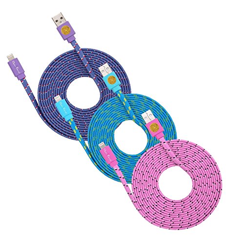 SUPERIOR QUALITY 10FT (3M) Braided Flat Noodle Lightning to USB Cable Charger for iPhone 6S, 6S Plus, iPhone 6, 6 Plus, iPhone 5S, 5, 5C iPad 4, iPad Mini, iPad Air, Air 2 - 3 PACK (Purple Blue Pink)
