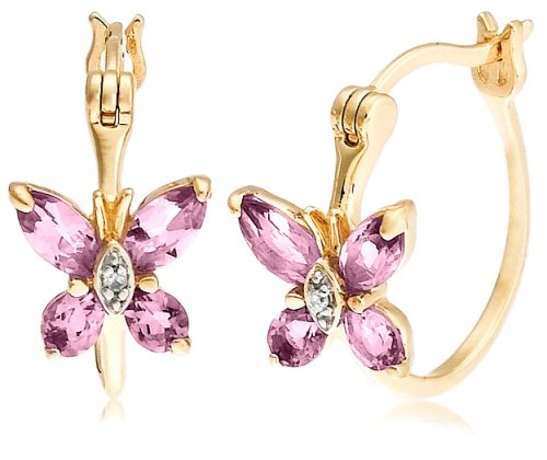 Yellow Gold Overlay Sterling Silver Amethyst Butterfly Hoop Earrings w/ Diamond Accent