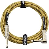 GLS Audio 10 Foot Guitar Instrument Cable - Right Angle 1/4 Inch TS to Straight 1/4 Inch TS 10 FT Brown Yellow Tweed Cloth Jacket - 10 Feet Pro Cord 10' Phono 6.3mm - SINGLE