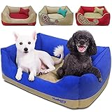 Blueberry Pet Microsuede Pet Bed, Recyclable & Removable Stuffing w/YKK Zippers, Machine Washable, Heavy Duty Overstuffed Beds for Cats & Dogs, 34" x 24" x 12", Blue and Beige Color-block