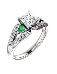 10K White Gold Princess Cut Diamond and Emerald Ring -- LIFETIME WARRANTY