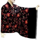 Kashmiri Embroidered Or Cashmere Black Wool Shawl From India (Free Shipping) Stle0149rr