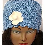 Hand Crocheted 100% Rayon Denim Color Chenille and Rayon Cotton Gimp Skull Cap for Women and Teens Trimmed with Ivory Velvet Flower