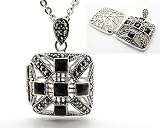 Genuine Marcasite and Black Onyx Square Sterling Silver Aromatherapy Scent Locket Pendant with 20 Cable Chain Necklace