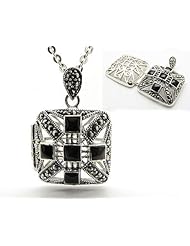 Genuine Marcasite and Black Onyx Square Sterling Silver Aromatherapy Scent Locket Pendant with 20" Cable Chain Necklace
