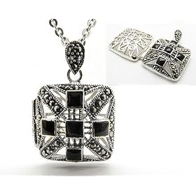 Genuine Marcasite and Black Onyx Square Sterling Silver Aromatherapy Scent Locket Pendant... by 