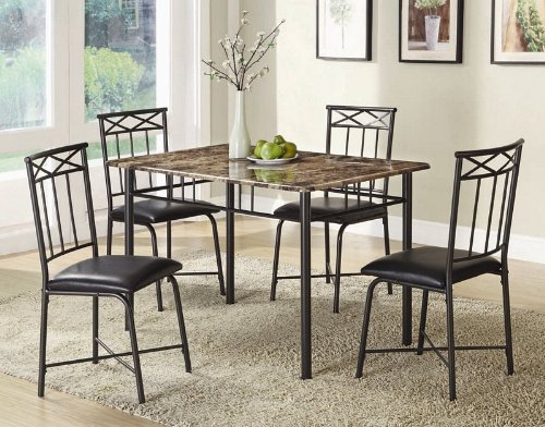 5pc Dining Table and Chairs Set with Faux Marble Top in Black Finish