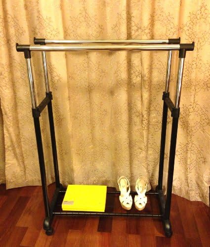 Adjustable Rolling 2 Poles Garment Cloth Rack-with Wire Net