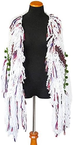 Handmade Super Cozy Shawl Festival Tree of Life Maxi Fringe Freeform Crochet Lace Pompoms (One Size)