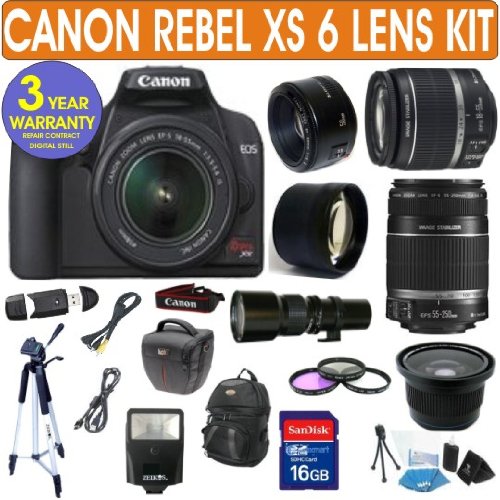 Canon Rebel XS + Canon 18-55mm Lens + Canon 55-250mm Lens + 500mm Preset Lens + Canon 50mm Lens + .40x Fisheye Lens + 2x Telephoto Lens + 3 Year Celltime Warranty Repair Contract