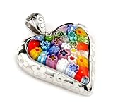 Multi Color Millacreli Murano Glass Heart Sterling Silver Pendant