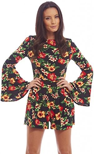 AX Paris Women's Bell Sleeve Printed Black Romper(Black, Size:6)