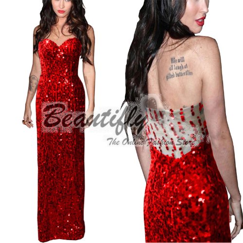 Red Strapless Sequins Cocktail Ball Evening Prom Party Long Formal Gown Women Dress