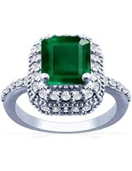 18K White Gold Emerald Cut Emerald Ring With Sidestones