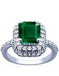 14K White Gold Emerald Cut Emerald Ring With Sidestones