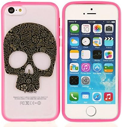 Iphone 5C Case USBerry DIY Punk Style Unique Fashion 3D Handmade Bronze Flower Skull on Grind Arenaceous Transparent Rosy Skin for Iphone 5C DIY Cover Case