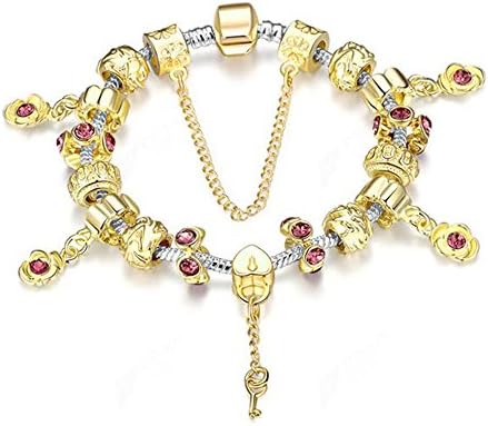 Aliliya Jewelry Signature Pave Clasp Authentic DIY Pandora Exquisite High-End Crystal Bracelet - Wild Love Retro Personality Carved (gold red, 20CM)