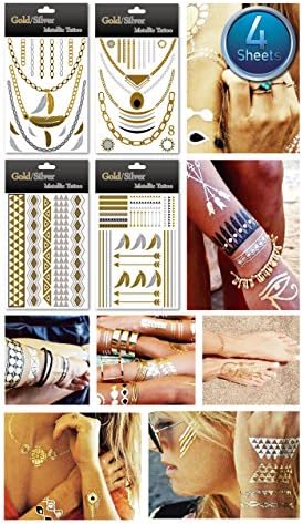 1 PACKAGE - (4 ASSORTED SHEETS) Metallic Gold Silver Black Jewelry Inspired Temporary Bling Tattoo - Feel Gorgeous & Look Stylish - Custom Jewelry Designs in Gold Black and Silver Glitters - Own Your Style