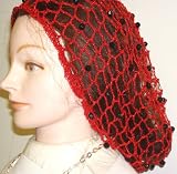 Hand Crocheted Red Metallic Gimp Large Snood Trimmed with Black Beads for Women