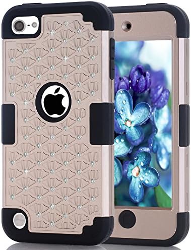 iPod Touch 5 Touch 6 Case,Durable 3in1 PC+Silicone Design Bumper Slim Crystal Bling Hybrid Armor Case fit for iPod Touch 5 Touch 6 Generation (Gold/Black)