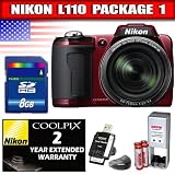 Nikon Coolpix L110 12.1MP Digital Camera with 15x Wide Angle Optical Vibration Reduction (VR) Zoom and 3.0 LCD (Red) Package 1