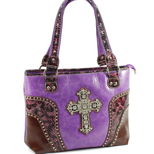 Designer Inspired Real Like Synthetic Leather Western Cross Sign Accent Shoulder Handbag - Select a color