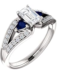 10K White Gold Emerald Cut Diamond and Sapphire Ring -- LIFETIME WARRANTY