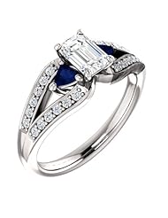 14K White Gold Emerald Cut Diamond and Sapphire Ring -- LIFETIME WARRANTY