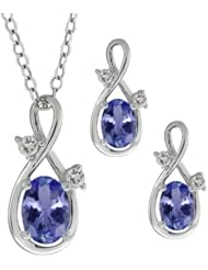 1.73 Ct Oval Blue Tanzanite Gemstone 14k White Gold Pendant Earrings Set