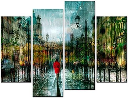 OYEO Canvas Art - Landscape Paintings - Rainy Scenery Dim Street Picture - Print on Canvas for Living Room 4 Panels Wall Art Decor
