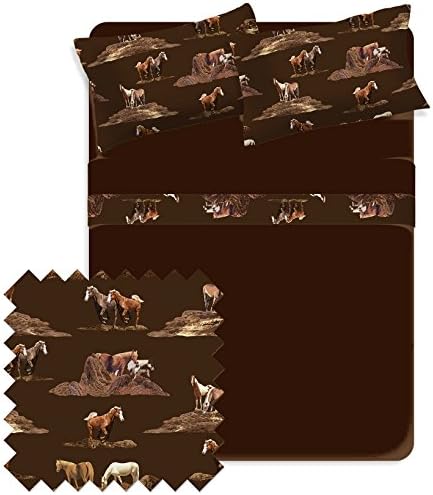 Bed Sheet FULL - FULL Sheets Set, Therapeutic Sheets (greater quality than flannel sheet set) with Printed Animal, Wild Horses Theme (Brown) - FULL
