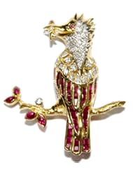 Genuine Ruby Diamond Bird Brooch/Pin Gemstone 18K Yellow Gold [I_018]