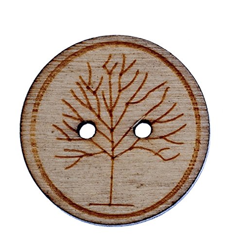 Souarts Natural Color Round Shape 2 Holes Wood Wooden Buttons Life Tree Printed 25mm Pack of 50pcs