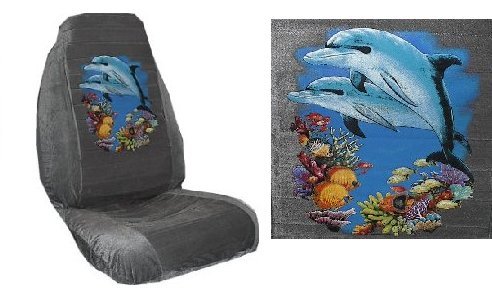 Car Truck SUV Dolphin with Fish Print Seat Covers 2 Silver Grey Universal Vehicle Bucket Seatcovers
