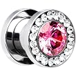 0 Gauge Stainless Steel Clear Pink CZ Screw Fit Tunnel