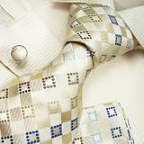 NEW Y&g Designer Hand Made Beige Yellow Blue Checkers 100% Jacquard Woven Pure Silk Mens Neck Tie Neckwear and Cuff Links Cufflinks and Handkerchiefs Set H3007
