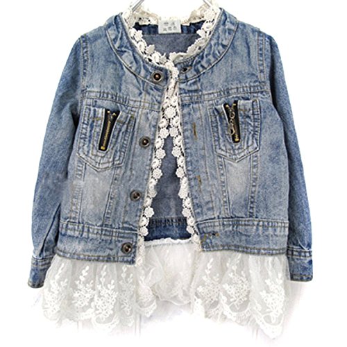 Viqiv Little Girls' Button Down Lace Denim Jacket Collarless Coat