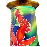  : ArtisanStreet's Hand Painted Crepe de Chine Silk Sarong. Features Red & Coral Orchids with Lime Green, Turquoise Blue & Royal Blue Background. Has a Hand Rolled Hem & Fits Sizes 4 to 16. One of a Kind. Signed By Artisan.