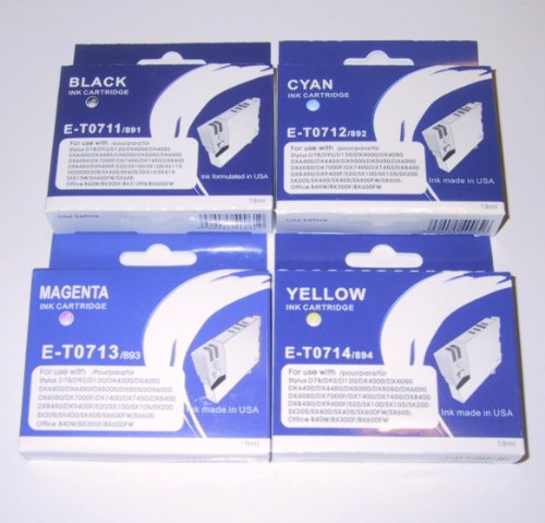 Epson Compatible T0715 (T711-T714)  Full Set of High Yield (19ml) Black/Cyan/Magenta/Yellow Ink Cartridges for Epson Stylus D78 D92 D120 DX4000 DX4050 DX4400 DX4450 DX5000 DX5050 DX6000 DX6050 DX7000F DX7400 DX7450 DX8400 DX8450 DX9400P S20 SX100/SX105 SX200 SX205 SX400 SX405 SX600FW Office B40W BX300F BX600FW.