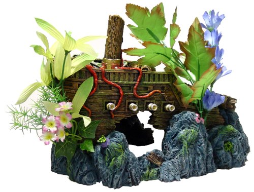 Exotic Environments Ship's Stern Floral Aquarium Ornament